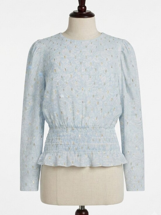 Express Tops - 💫 Express Light Blue Long Sleeve Smocked Waist Top with Gold Accents Size Large